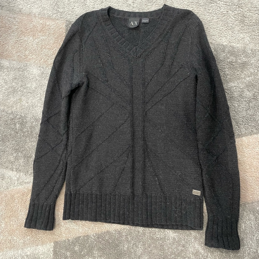 Armani Exchange (A|X) men's gray V-neck pullover  with a textured knit pattern.